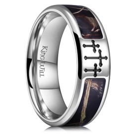 King Will Cross Ring for Men Silver Titanium Wedding Band Brown Camouflage Inlay Ring 8mm Width Comfort Fit Size 7-14丨Faith Collection 14