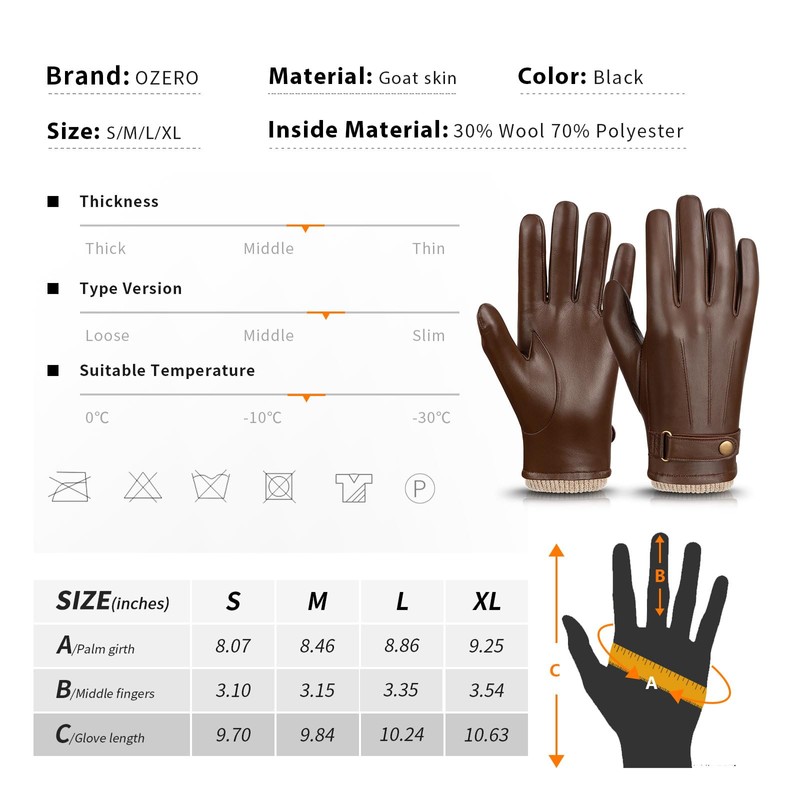 OZERO Mens Winter Gloves Nappa Leather Warm Cashmere Lined Touchscreen