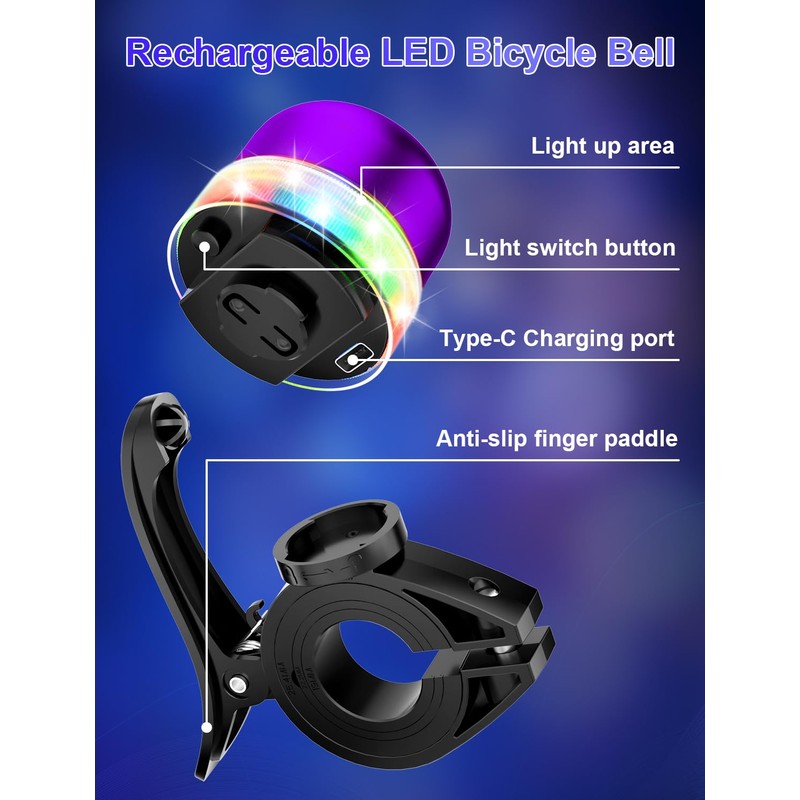 Bike Bell with RGB Lights, Bike Bell for 19-31.8mm Bicycle