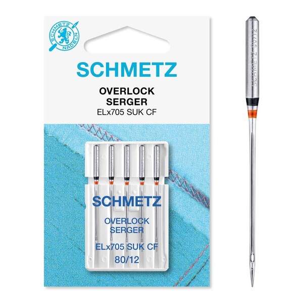 SCHMETZ Sewing Machine Needle Set, 5 Overlock Needles, Needle Systems ELx705 SUK CF and SY 2022, Needle Size 80/12