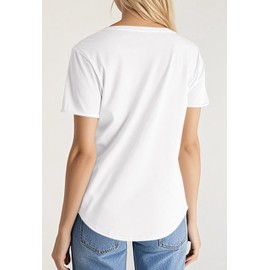 Smile Fish Women Short Sleeve V Neck T-Shirts Loose Fit Tops Summer Casual Top Tees Cotton White,L