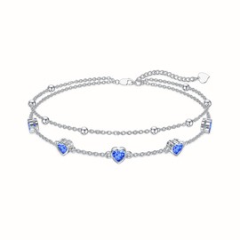 Dorunmo 925 Sterling Silver Heart Birthstone Anklet Bracelets for Women Best Mother's Day Birthday Jewelry for Wife Girlfriend Mom Daughter Her, Anklet 9"-11", Sterling Silver, base