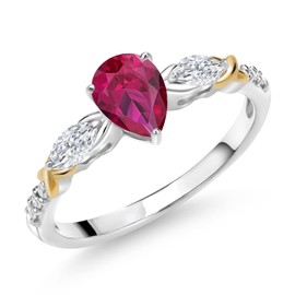 Gem Stone King 925 Silver 10K Yellow Gold Pear Shape Red Created Ruby White Moissanite and White Lab Grown Diamond Engagement Ring For Women (1.29 Cttw, Available in Size 5,6,7,8,9)