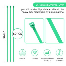 50PCS 600mmx8mm Cable Ties Heavy Duty, Extra Long Thick Nylon Zip Ties Self Locking Tie Wraps, 23.6" Ultra Strong Tensile Cable Tie for Home Office Garage Workshop DIY Garden Outdoor (Green)
