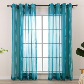 L.Z.E Teal Sheer Curtains for Living Room 63 Inch Length, Light Filtering Elegant Wave Patterned Curtains with Design, Lightweight Window Drapes for Bedroom Dining Room, Grommet Top 2 Panels Set
