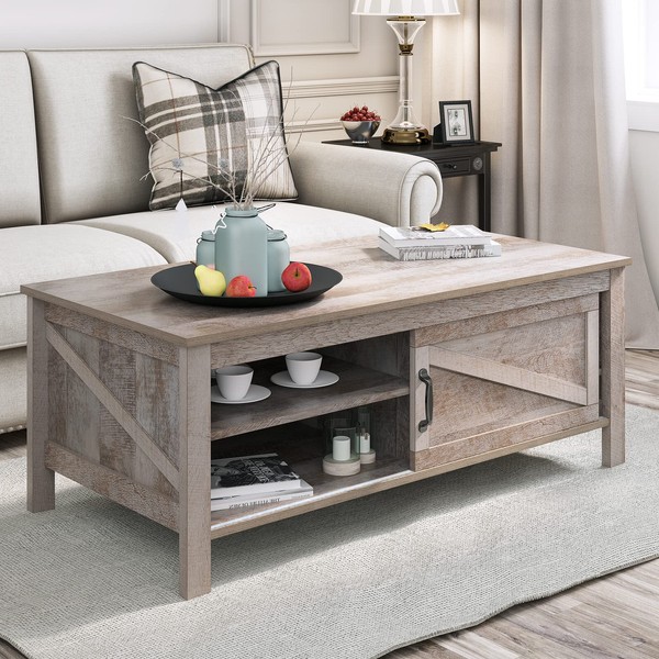 YITAHOME Coffee Table with Storage & Sliding Barn Doors,Farmhouse Coffee Tables for Living Room with Adjustable Shelves,Wood Living Room Center Table for Living Meeting Room,Grey Wash