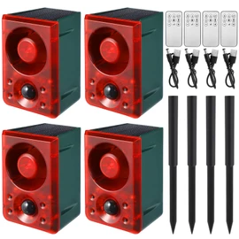 Qualirey 4 Pcs Solar Outdoor Motion Sensor Alarm with Stake Gunshot Sound Dog Barking, 3 Modes Support Recording and Adjustable Volume USB Charging 129 dB Loud Noise Maker for Animal Deterrent