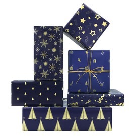 Christmas Blue Wrapping Paper,6 Sheets Blue with Gold Star Gift Wrapping Paper Christmas Tree Snowflake Wrapping Craft Paper with Golden Rope for Xmas New Year Man Women Kids Gift Wrap,28*20 Inch