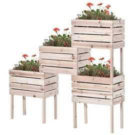 espidoo Wooden Multi-Tier Planter Box: Rustic 4-Piece Elevated Garden Bed with Liner for Flowers & Vegetables - Space-Saving Indoor/Outdoor Plant Display for Urban Gardeners