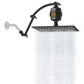 Hibbent All Metal Rain Filtered Shower Head, 12'' High Pressure Rainfall Showerhead with 16" Shower Extension Arm, 20 Stage Shower Filter, Solid Brass Adjustable Shower Arm Extender, Matte Black