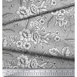 Soimoi Floral Print 44 inches Wide Pure Silk Fabric Dressmaking Material by The Yard - Light Gray