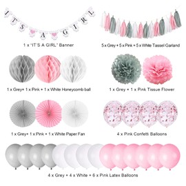 Baby Shower Decorations for Girl, It’s A Girl Banner with Paper Fan Tissue Pompoms Honeycomb Ball Party Balloons Foil Tassel, Pink and Grey It’s A Girl Baby Shower Decorations