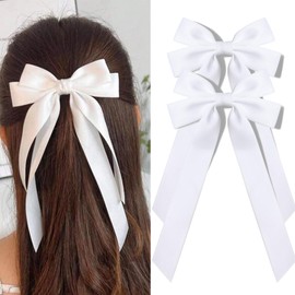 2PCS White Satin Hair Ribbon Clips: Ponytail Holders, Alligator Clips for Girls, Toddlers, Teens, and Kids