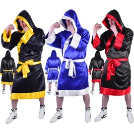 MAR | Men's Boxing Robes - Black Boxing Gown Hooded Robe Boxing Outfit for Kickboxing, Thai Boxing and Fancy Dress Boxing Robe Costume, Boxer Robe Costume, Unisex Polyester Silk Satin (Medium, Yellow)