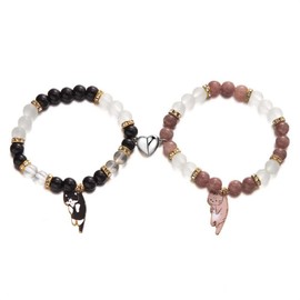 DATOA 2Pcs Cute Kawaii Cartoon Cat Couple Friendship Bracelet Animal Heart Bracelets Y2k Colorful Cat Glass Beaded Bracelet for Women Men Relationship Jewelry Gifts - Black & Brown