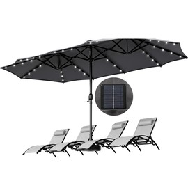 YITAHOME 15ft Outdoor Patio Umbrella w/Solar Lights Extra Large Double-Sided Market Table Umbrella with 48 LED Lights, 12 Sturdy Ribs and Tilt Adjustment for Pool, Patio Furniture, Patio Shade, Gray