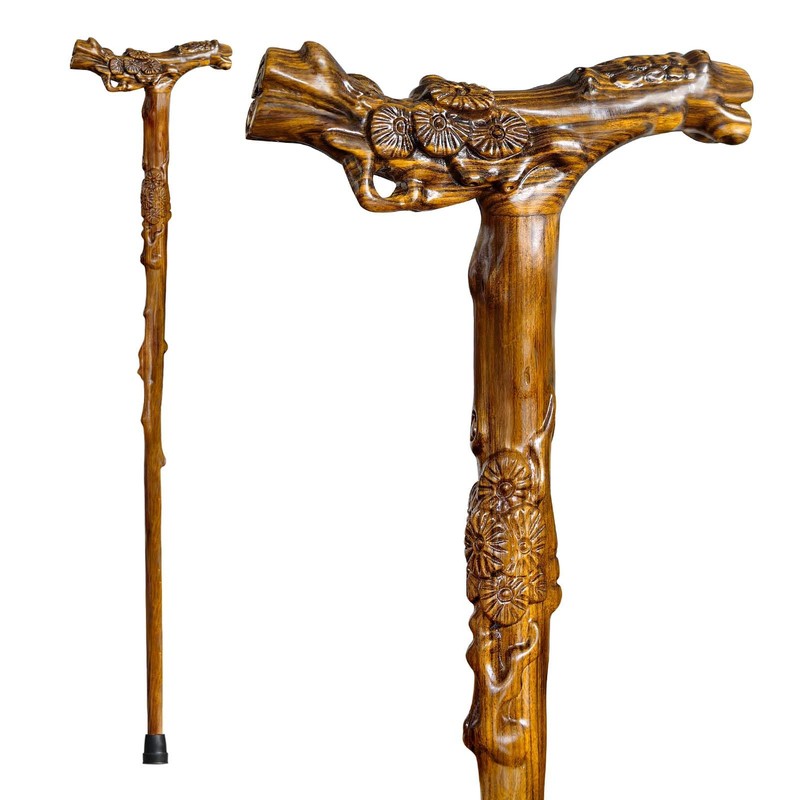 Wooden Walking Cane, Hand-Carved Wood Walking Cane for Men and