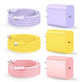 Dayaoncy Compatible with Phone 16/15 Charge Fast Charging, 20W USB C Wall Charger with 3Pack 10FT USB C Cable, Type C Fast Charger Compatible with Phone/Android/Phone/Samsumg/Pad Purple Yellow Pink