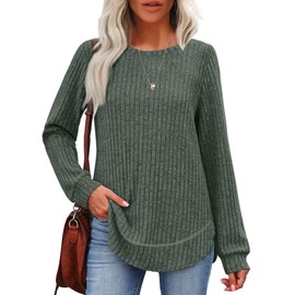 OFEEFAN Womens Sweaters Dressy Casual Plus Size Tops for Women Trendy Long Sleeve Tshirts Shirts Teacher Outfits Cute Green Tops L