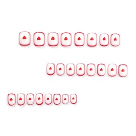 Press on Nails Short Square Fake Nails Red False Nails with Heart Design Glue on Nails Glossy Full Cover Stick on Nails French Tip Acrylic Nails for Women Manicure 24Pcs