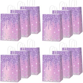 12Pcs Purple and Silver Gift Bags Glitter Diamond Goodie Bag Happy Birthday Treat Bag Glitter Purple Candy Bags Supplies for Wedding Bridal Baby Shower Holiday Party Favors Decorations 4.7*3.15*8inch