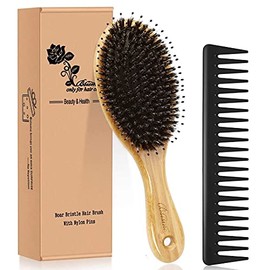 Juego de Cepillo y Peine con Cerdas de Jabalí para Cabello Rizado, Grueso, Largo, Fino, Seco y Húmedo, el Mejor Cepillo Desenredante de Paleta de Bamb