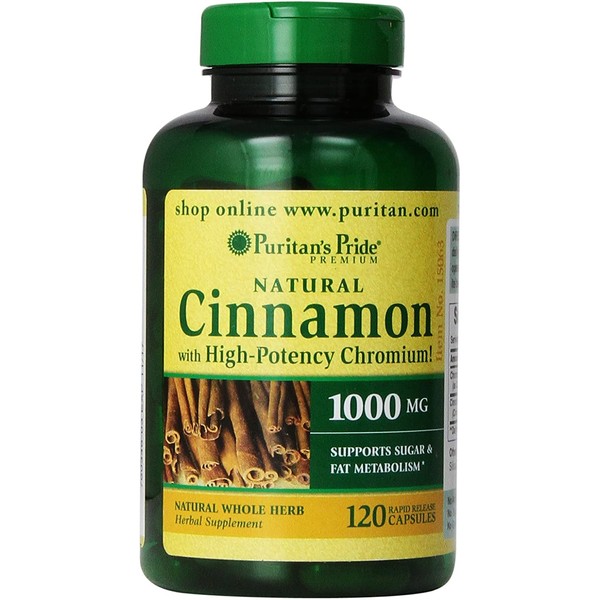 Puritan's Pride Cinnamon Capsules with High Potency Chromium, 1000 mg, 120 Count
