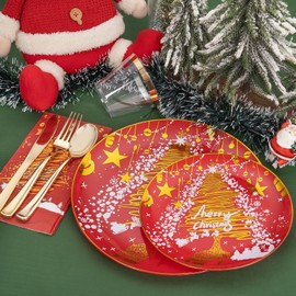 SUT 175PCS Christmas Plates Disposable, Christmas Plastic Plates, Christmas Party Plates, Christmas Plates Disposable Party Set for 25 Guests, christmas plates and napkins for Winter Party