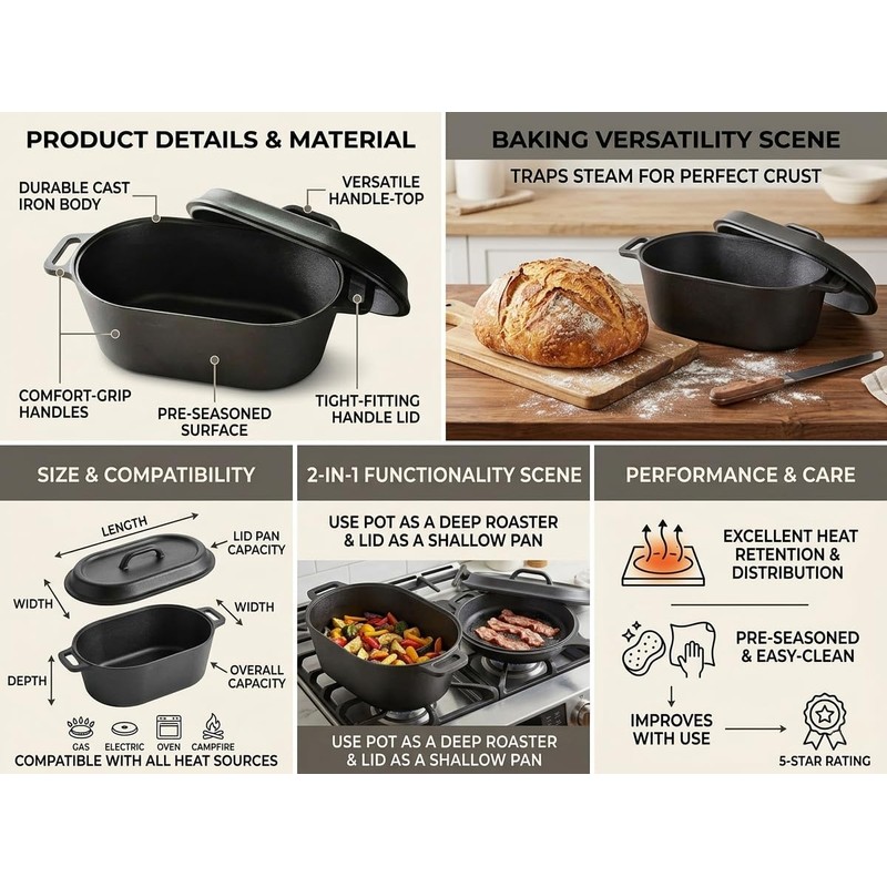 4.5QT Cast Iron Loaf Oven Pan - 11.3"x6.5"x4.3" - 5QT