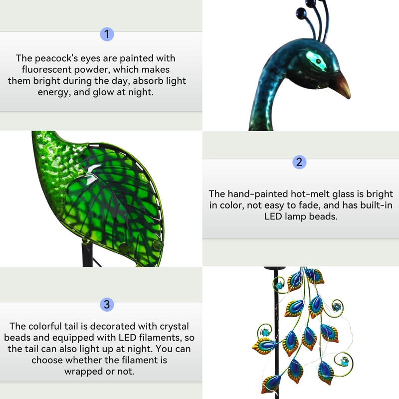 CBAXEAXM Solar Peacock Garden Stake Lights Outdoor, Waterproof Metal Glass