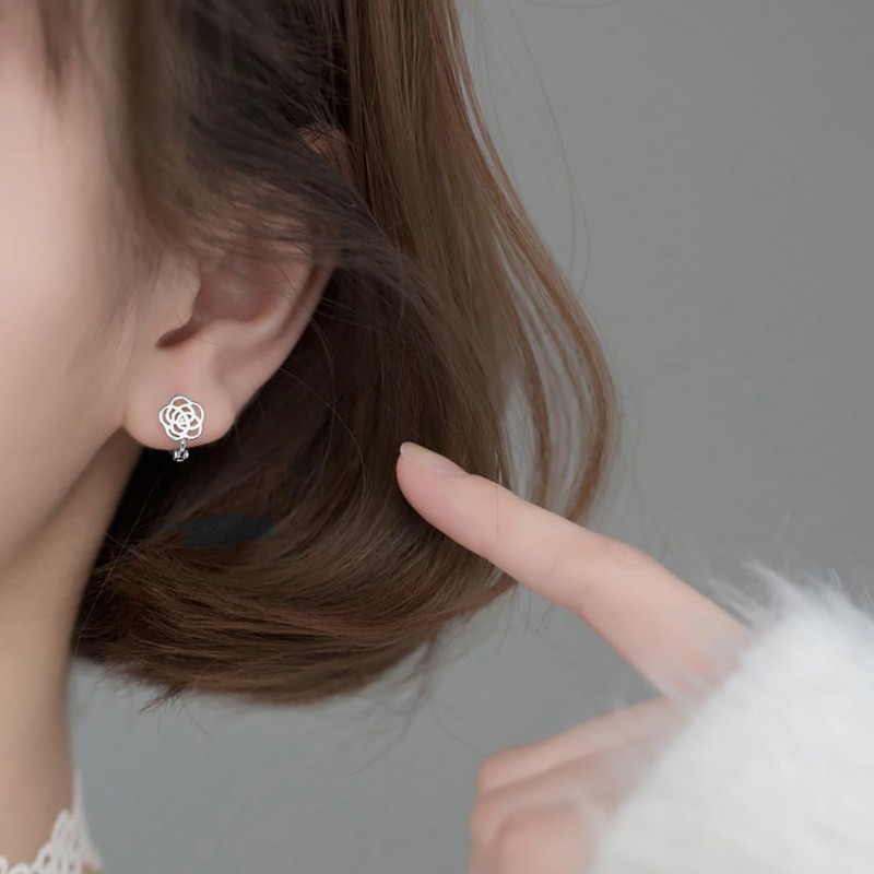 Reffeer 925 Sterling Silver Camellia Flower Hoop Earrings Huggie for