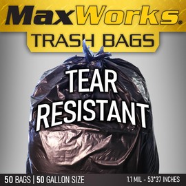 MaxWorks Trash Bag 51068 55 to 60 Gallon 50 pack 1.5 mil Thick 53 * 37 with Flap Tie for Kitchen Outdoor Events Garden Disposable Black