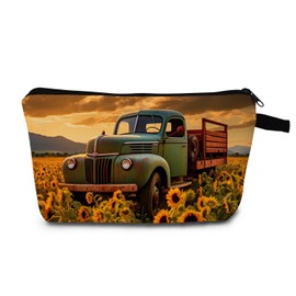 MoCaliduccious Rustic Revival Print Cosmetic Bag Vintage Truck & Golden Sunflower Meadow Makeup Bag Nostalgic Gift for Birthdays, Holidays Travel Organizer