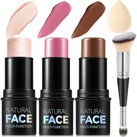 Kit de Maquillaje de 3 Piezas con Barras de Contorno en Crema, Tonos con Iluminador, Rubor y Bronceador en Barra de Contorno para Esculpir las Mejilla