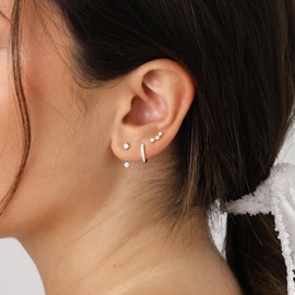 Poxtex Silver Huggie Hoop Earrings Set for Women, 925 Sterling Silver Small Stud Earrings for Multiple Piercing Hypoallergenic Lightweight Dainty Jewelry, Trendy Jackets Cubic Zircon Cartilage Earrings for Women's Gifts 3 Pairs