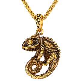 U7 Men Cool Chameleon Necklace 18K Gold Plated Black Enamel Vintage Animal Pendant with 22 Inch Chain