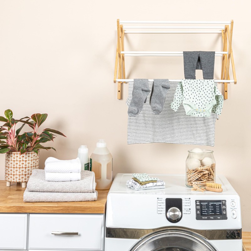 Household Essentials Bamboo and Metal Wall Mount Extendable Drying Rack,