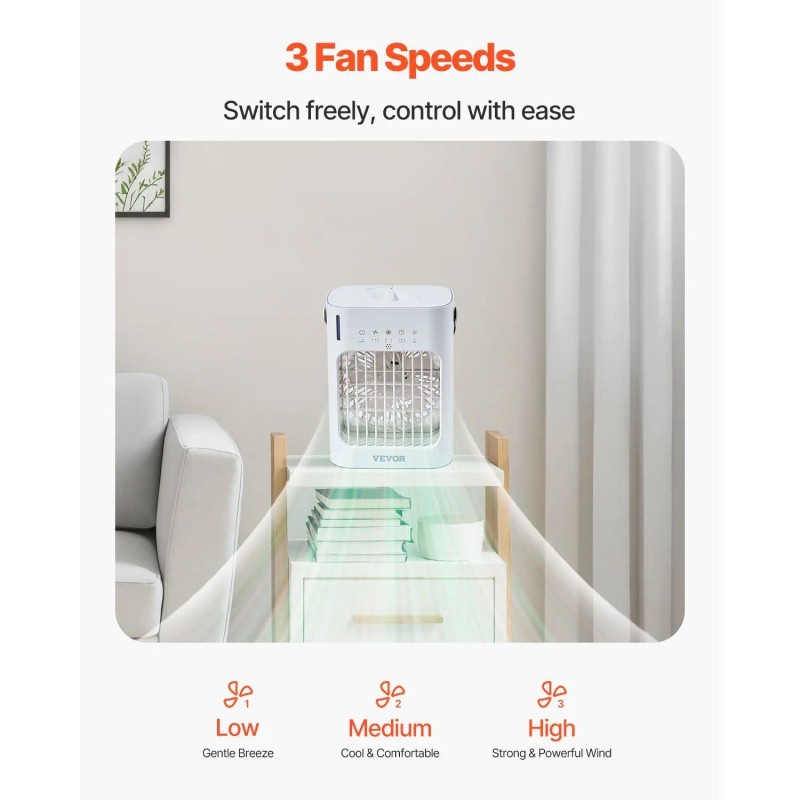 Portable Air Cooler 700ml Water Tank 3 Speeds Fan Household