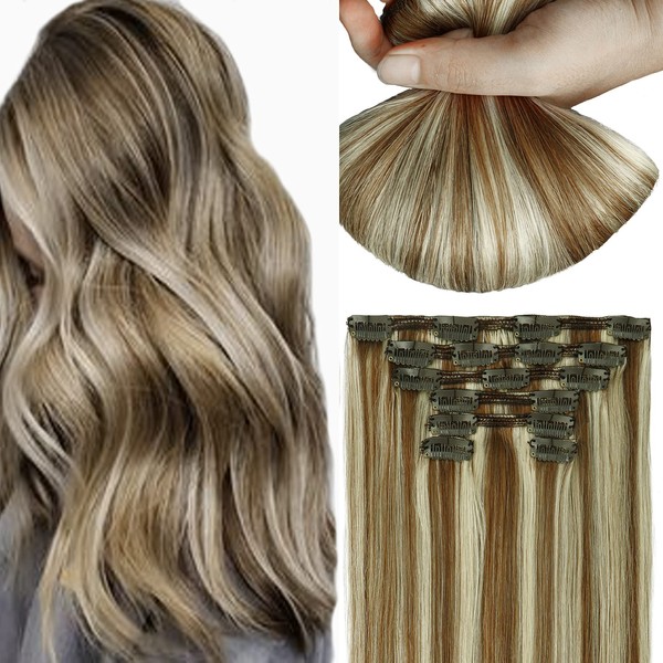 HUAYI Dirty Blonde Mixed Platinum Blonde 120g 7Pcs Clip In Hair Extensions Human Hair Double Weft Thick End For Full Head No Tangle No Shedding Silky Straight Balayage Hair（18P60#22"）