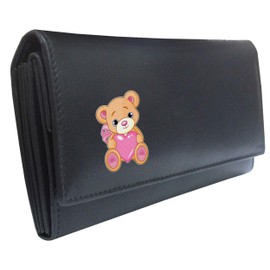 Klassek Teddy Bear with Heart Womans Black Purse Lovers Brand Image on Real Animal Leather Honey Lover Accessory Gift
