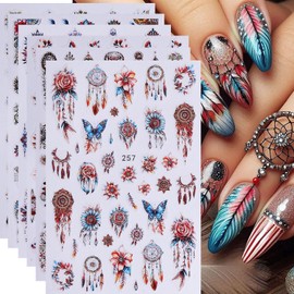 Flowers Nail Art Stickers Floral Nail Art Decals 6 Sheets Self-Adhesive Nail Decals Stickers with Rose Totem Feather Designs Decal Nails Supplies for Women DIY Manicure Decorations Bohemian Style