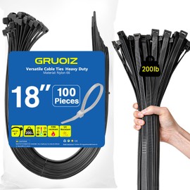 18 Inch Heavy Duty Black Zip Ties (100 Pieces) with 200lbs Tensile Strength, UV Resistant Zip Cable Ties Long Durable Nylon ZipTies Self-Locking Plastic Wire Ties, Tie Wraps for Indoor and Outdoor