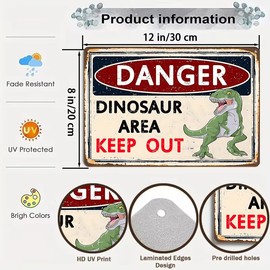 Smilelife Vintage Dinosaur Sign Danger Dinosaur Area Keep Out Tin Sign for Boys Room Dinosaur Themed Room Nursery Room Decor 8 x 12 inches(3308)