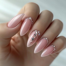 Medium Press on Nails Almond False Nails Pink Fake Nails with Rhinestones Designs Stick on Nails Full Cover Glue on Nails Glossy Artificial Nails for Women 24Pcs