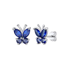 Women Girls Sterling Silver Animal Stud Created Gemstone Sapphire Blue Butterfly Stud Earrings