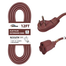 HONDERSON Flat Plug Indoor Extension Cord, UL Certified, 16 Gauge 12FT Brown 3 Prong Heavy Duty, 16/3 SJTW 13A Power Cord for Lights, Appliances, Home