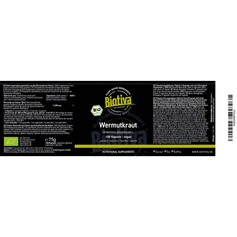 Biotiva Organic Wormwood Capsules, Pack of 150, 400 mg, Wormwood,