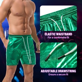 Amy Coulee Mens Metallic Shorts Disco Shiny Shorts 5 Inch Sparkly Shorts with Drawstring Pocket (Green, XXL)