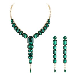 BriLove Women's Fashion Rhinestone Square Y-Necklace Long Drop Dangle Earrings Sparkly Crystal Geometric Statement Jewelry Set for Party Prom Emerald Color Gold-Tone