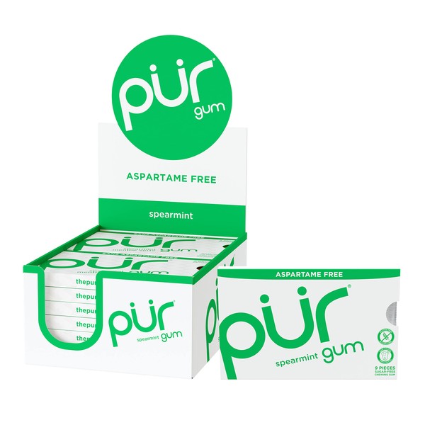 PUR Gum | Aspartame Free Chewing Gum | 100% Xylitol | Sugar Free, Vegan, Gluten Free & Keto Friendly | Natural Spearmint Flavored Gum, 9 Pieces (Pack of 12)